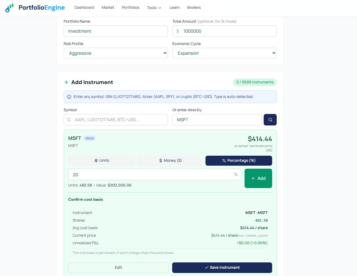 Portfolio builder with instrument search and cost basis input